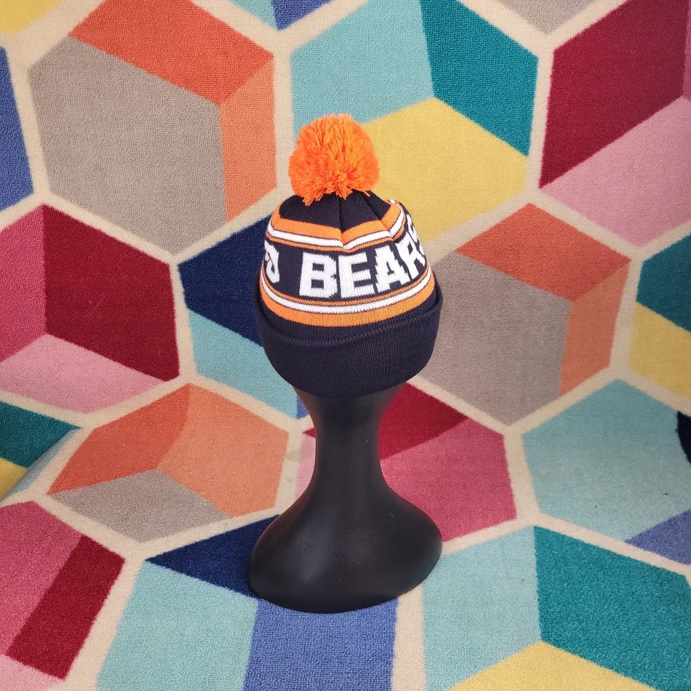 Chicago Bears Knit Beanie Hat‎ Navy Blue Orange Pom Pom Cuffed Winter Cap NFL